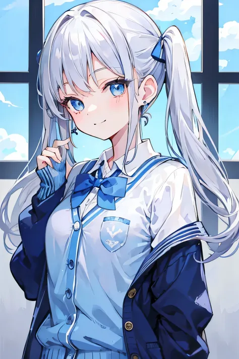 Silver-haired blue eyes、 girl、small breasts、twin tails、smile、gal girl、wearing cute earrings、uniform、knit cardigan、Has eye highlights、School、blue sky