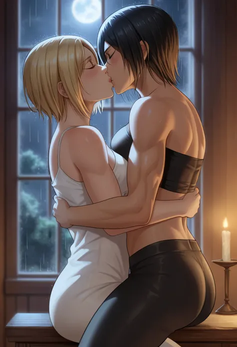 score_9, score_8_up, score_7_up, BREAK source_anime, historia reiss, blue eyes, blonde hair, long hair, medium breasts, long white dress sleeveless,female black hair soldier hugs historia,Mikasa with historia hugs,mikasa wreanig black sport bra and combat ...