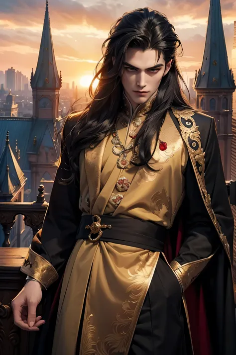 (Best quality)), ((masterpiece)), (detailed), ((perfect face)), ((halfbody)) perfect proporcions, He is a handsome vampire, 1, he is sexy, long hair, badass, He has his back to the camera, he is on top of a building, sunset sky, ((perfect face)), full body...