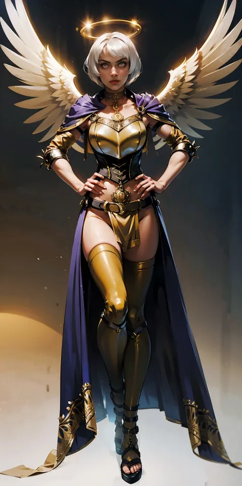 (White background) paladin lady in ornate golden armor, black collar, pauldrons, breastplate, leather corset, glowing halo, short bob hair style, yellow glowing eyes, bright pupils, eye focus, red cape (full body, whole body, 1solo girl) fighter, loincloth...