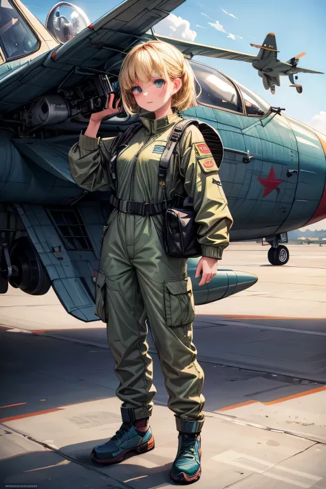 (masterpiece), best quality, expressive eyes, perfect face,((best quality)), ((masterpiece)), (detailed), perfect face, airforce jumpsuit, standing, full body, front view, European, blonde, dark green uniform, jetfighter plane background,amazing sapraizz, ...