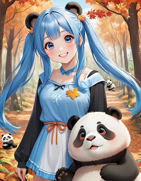 Light blue long hair、Beautiful girl with twin tails、In the bright autumn forest、There is a big cute panda、Smiling and making friends with the pandas