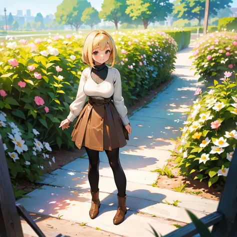 (high quality, High resolution, Very detailed, reality:1.37), Peaceful atmosphere, (Outdoor, garden), Teenage girl standing alone, (My breasts are large.), Beautiful details, Cute Smile, (Blonde Bob Hair), Ribbed sweater,Brown skirt, Black tights, Brown bo...