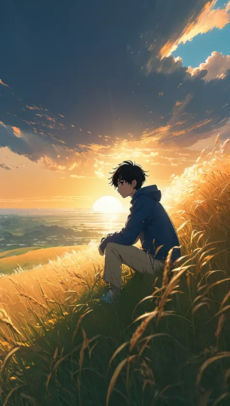 (minimalism: 1.4), a boy sitting in an autumn meadow tall grasses, makoto shinkai cyril rolando, anime art 4k wallpaper, anime art 4k wallpaper, animated background, anime art 8K wallpaper, art anime background, anime landscape wallpaper, amazing wallpaper...