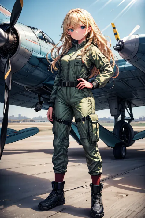 (masterpiece), best quality, expressive eyes, perfect face((best quality)), ((masterpiece)), (detailed), perfect face, airforce jumpsuit, standing, full body, front view, European, blonde, dark green uniform, jetfighter plane background,amazing sapraizz, d...