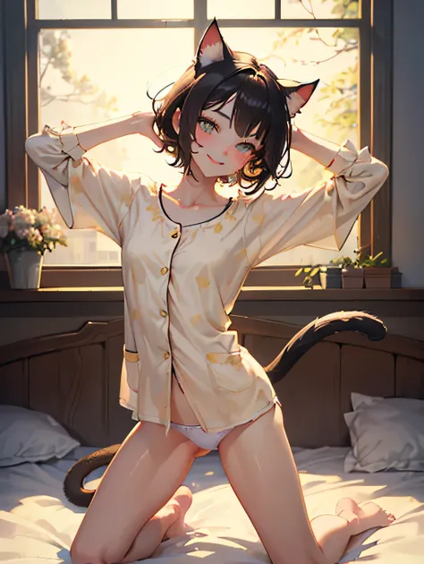 masterpiece, hyper detailed, exquisite, detailed face, detailed skin,full body shot, ground-level shot,(Cat ears,Cat Tail,Cat Eyes,sleepy, smiling, looking at viewer,Girl:1.3),short hair, brown hair, Bedhead,golden eyes, wide-eyed, big eyes,(undone clothin...