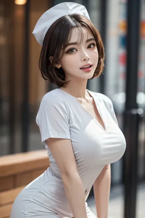 Female Nurse Painting, (masterpiece, Best Quality, Super detailed, Realistic), (Pink skin tone:0.9), look up, Eye contact, (1 Beauty), Supermodel, Beautiful Face, double eyelid, Long eyelashes, Erotic, sexual excitement, (Please open your mouth wide:1.0), ...