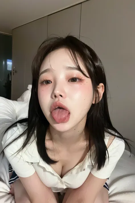 High resolution, (Painful:1.2), (asco:1.4), (ashamed:1.2), (open mouth:1), (tongue out:1), (down on my knees:1), (arete:1), Brown hair, white drops on the face, revealing clothing 