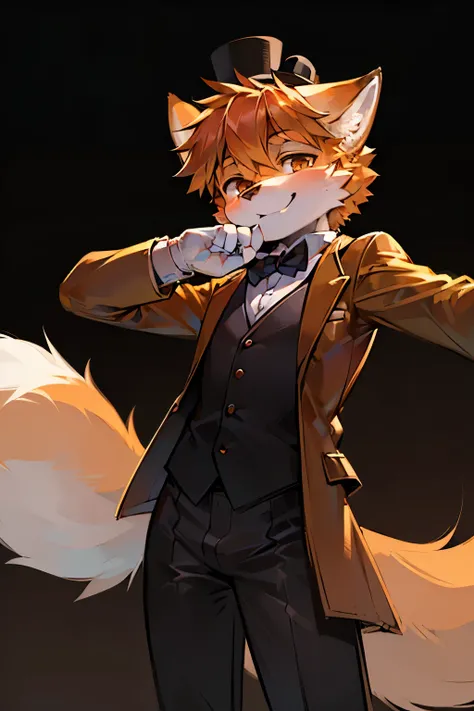 (high resolution,Masterpiece:1.2),boy,infancy,(Detailed anatomy,Correct anatomy:1.1),solo,Orange fur,Fox Boy,young boy,smile,simple background,performance,on the stage,(Furry:1.8),formal clothing,white gloves,brown top hat.
