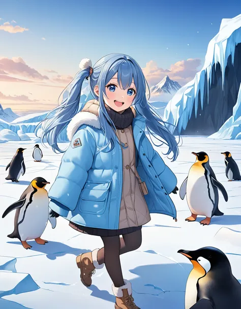 Light blue long hair、Beautiful girl with twin tails、Antarctic ice fields、There are lots of cute penguins、The  is smiling and playing with a big penguin、The girl is wearing a down coat