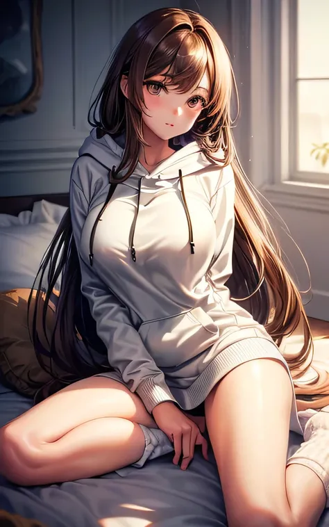 (1 girl,slim,Large Breasts,Long brown straight hair,Side bangs,slope_eye),(hoodie,Loose socks),Conceptual Art, masterpiece, Super detailed, Attention to detail, High image quality,Please redeem, High resolution,Sexy and lovely pose,In bed