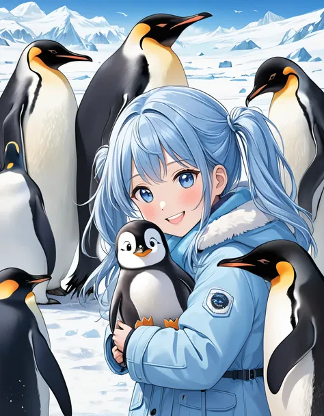 Light blue long hair、Beautiful girl with twin tails、Antarctic ice fields、There are lots of cute penguins、The  is smiling and playing with a big penguin、The girl is wearing a down coat