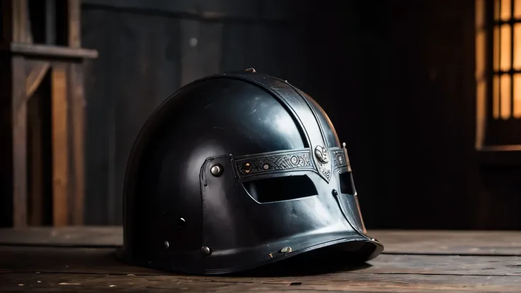 a medieval black knight helmet over a wooden table in a very dark room