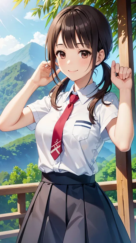 (16k,Ultra-high resolution,Best Quality,masterpiece,Very detailed,Extremely clear CG),okitasawa, low twintails,white shirt, short sleeves, red necktie, blue skirt,Anatomically correct body,Very detailed顔の特徴, Beautiful and perfect face:, ((Open your mouth a...