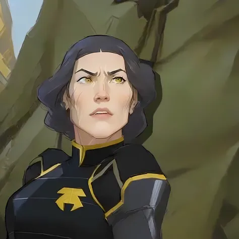 a close up of a person in a black and gold outfit, cassandra cain, but a stern look upon her, avatar image, cassandra cain in sa...