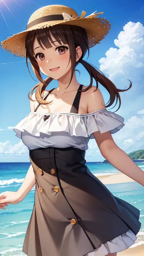 (16k,Ultra-high resolution,Best Quality,masterpiece,Very detailed,Extremely clear CG),okitasawa, low twintails,Perfect Eyes,Anatomically correct body,Very detailed顔の特徴, Beautiful and perfect face:, ((Open your mouth and say happy smile:1.3)),夕方の夏のsea岸,Stra...