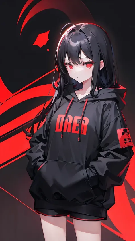 One Girl、Black Hair、Long Hair、Big Ahoge、Expressionless、profile、Droopy eyes、Red eyes、Hollow Eyes、Black hoodie、Shorts、Hands in pockets、Character portrait、Black Background、Best Quality、High resolution