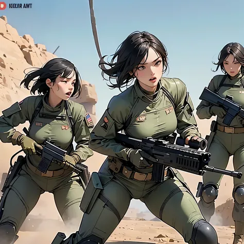 nsfw, Anime screencap, 16k, very wide shot, perfect anatomy proportion body, action, A dynamic composition with a sense of speed and movement, Camouflage colored heavy armor steam engine full armor sexy powered suit, (A group of sexy female soldiers having...