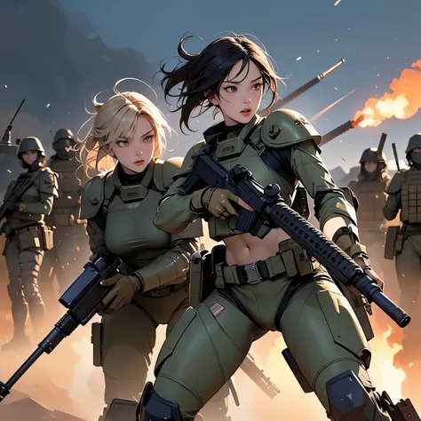 nsfw, Anime screencap, 16k, very wide shot, perfect anatomy proportion body, action, A dynamic composition with a sense of speed and movement, Camouflage colored heavy armor steam engine full armor sexy powered suit, (A group of sexy female soldiers having...