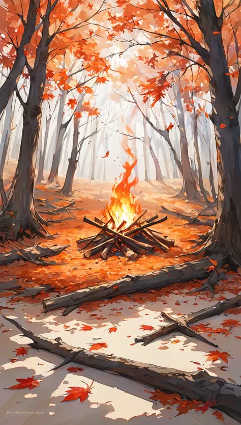 conceptual installation landscape artwork, fusion of watercolor and acrylic paintings, autumn, dead trees, fallen leaves, fallen chestnuts, bonfire, falling leaves, wind effects, background crimson, delicate and dynamic textures, contrasts of light and sha...