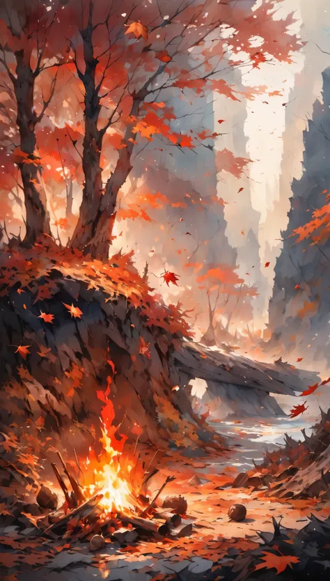 conceptual installation landscape artwork, fusion of watercolor and acrylic paintings, autumn, dead trees, fallen leaves, fallen chestnuts, bonfire, falling leaves, wind effects, background crimson, delicate and dynamic textures, contrasts of light and sha...