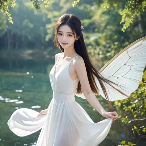 She was wearing a light and elegant moon-white dress.，Skirt fluttering，Like a fairy descending to earth。
Long hair like ink，Wear your hair in a loose bun，A few strands of hair fell beside the delicate white cheeks，Add a bit of softness。Eyebrows like distan...