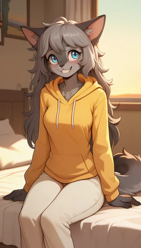 masterpiece, best quality, shy expression, 1girl, anthro, furry, gray fur, fluffy fur, cat girl, furry, cat ears, animal nose, (American Shorthair), blue eyes, gray hair, long hair, messy hair, medium breasts, thick thighs, solo, (bedroom), (sunset), detai...