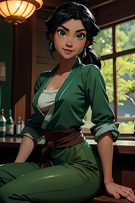 An anime character from Avatar style The Legend of Korra, black hair tied in a ponytail, Green eyes, looking at the camera, wearing a green set of pants and a white blouse, medium breasts, smile, sitting at a bar, High resolution,