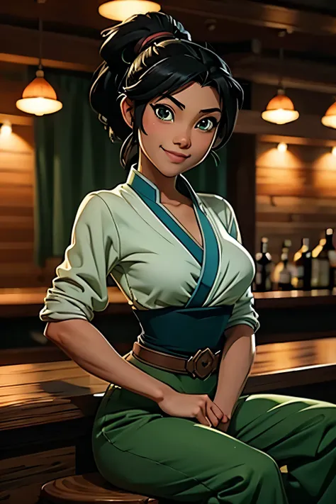 An anime character from Avatar style The Legend of Korra, black hair tied in a ponytail, Green eyes, looking at the camera, wearing a green set of pants and a white blouse, medium breasts, smile, sitting at a bar, High resolution,