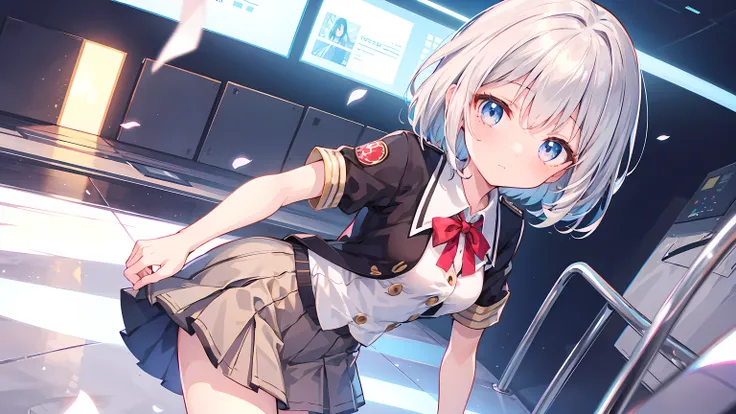 ((Best Quality)),Anime Style,girl,Silver Hair,Short Hair,mini skirt,uniform