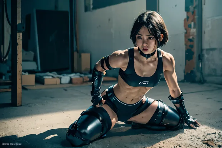 a girl, muscular and prominent, la blue girl live action suits, short hair, head to feet, laying in abandoned factory, open m-le...