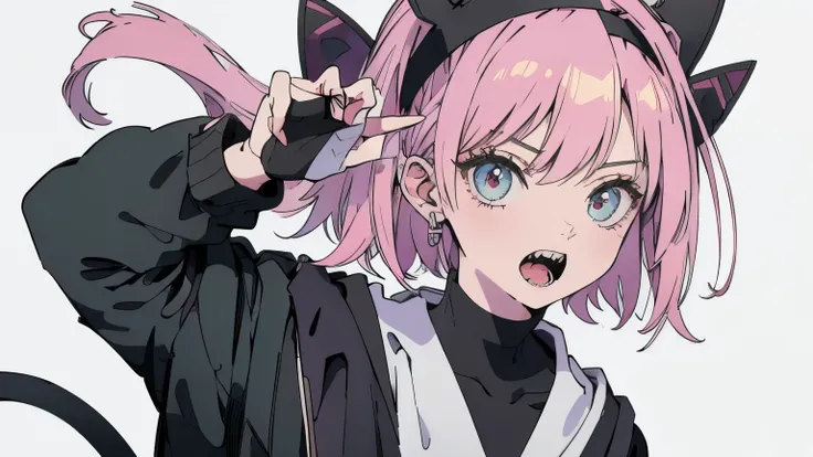 Pink hair，Black clothes，White background，Facing right front，Surprised expression，With a headband，Double tail