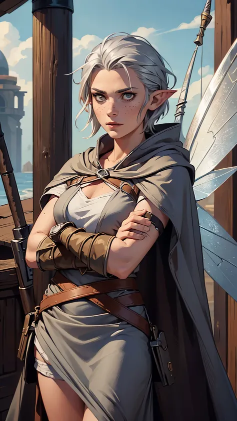 rugged female fairy pirate, archer, short silver hair, wings, silver eyes, pointy ears, freckles, arms crossed, detailed face, rugged cloak, day time, below deck