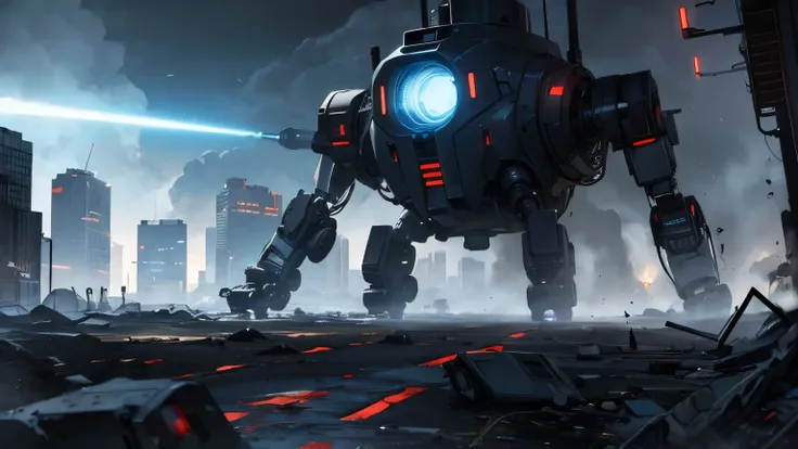 An army of terminator robots in the future attacking human survivors , the background city destroyed by war , with weapons with a sinister blue cinema-style atmosphere