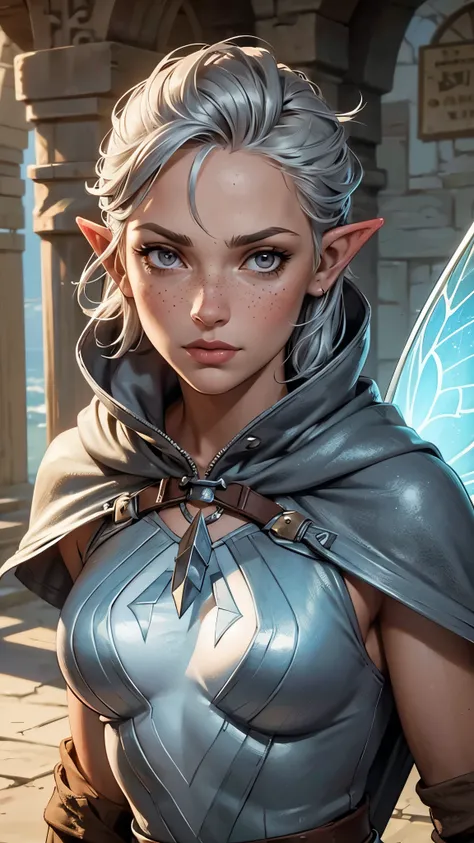 rugged female fairy pirate, archer, short silver hair, fairy wings, silver eyes, pointy ears, freckles, hooded, detailed face, rugged cloak, day time