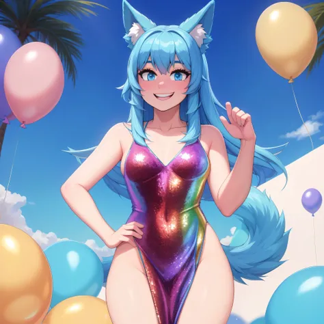 (Masterpiece) (High Detail) (High Res) A short little slim humanoid girl with pale human skin and blue eyes and long blue hair and blue dog ears and a fluffy blue dog tail and average breasts. She is standing in front of Giant Gold Balloon-Letters that say...