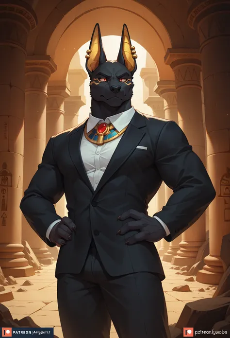 (solo) furry male, Anubis, evil Anubis, (black body), black fine business suit, four red eyes on face, (two sets of red eyes on face), hands on hips,  evil expression, lean muscle, tall, standing, nighttime Egyptian tomb background, underground Egyptian ca...