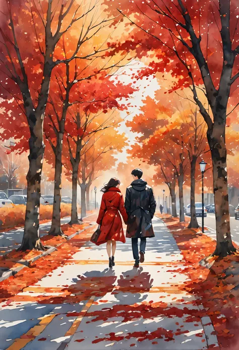 conceptual installation landscape artwork, fusion of watercolor and acrylic paintings, in autumn, the trees lining the roads are bare of their leaves, the leaves dance wildly in the wind, and the backs of couples walking close together in their coats, look...