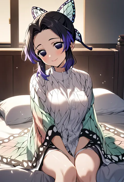 1girl, Alone, Kochou Shinobu, Kimetsu no yaiba, sweet smile, sitting on the bed 