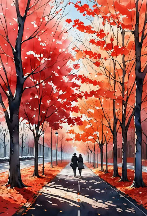 conceptual installation landscape artwork, fusion of watercolor and acrylic paintings, in autumn, the trees lining the roads are bare of their leaves, the leaves dance wildly in the wind, and the backs of couples walking close together in their coats, look...