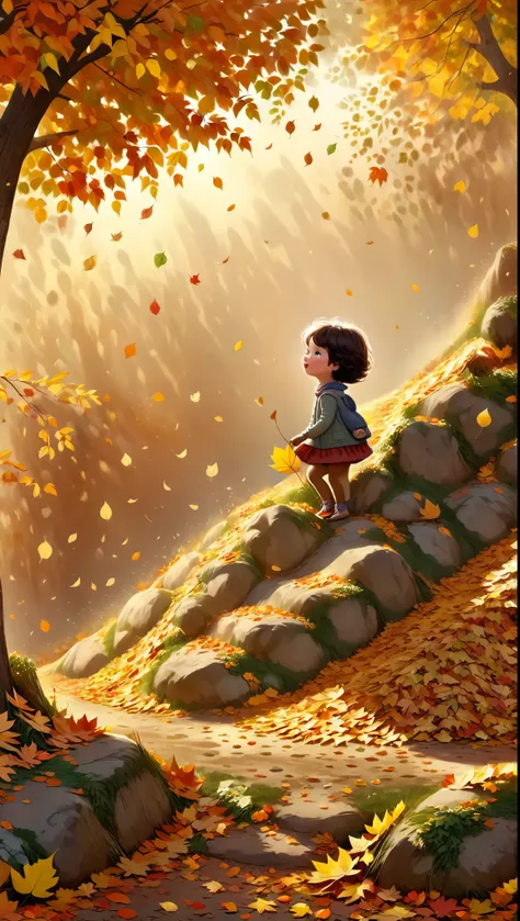 advertising illustration, a child playing in the fall with a mound of leaves, funny and tender scene, beautiful autumn colors, u...