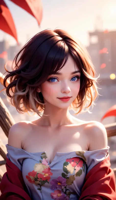 A cute girl blue eye short wavy hair brown hair and blond mix on the edge of the hair half shot, highly detailed, ultra quality, extremely detailed, 8k hdr32k, extremely detailed eye, extremely detailed face, extremely detailed hair, extremely detailed col...