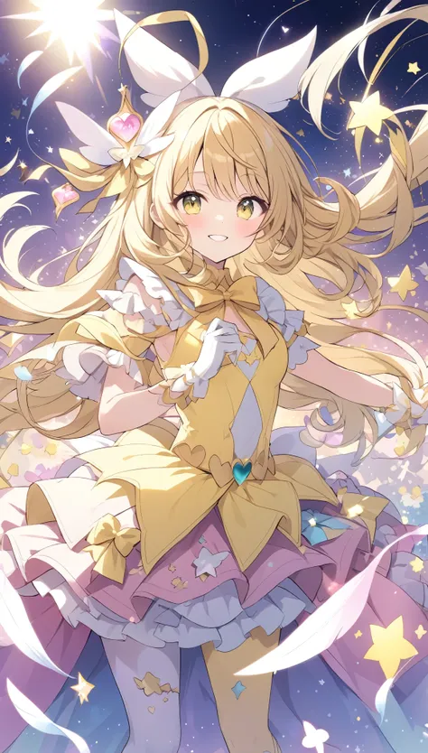 (Magical Girl 1:1.5)、Yellow Magical Girl、(Blonde、Long curly hair)、Ruffled Skirt、Yellow ribbon、butterfly々、Many Stars、The Magic of Flowers、Sparkling、lame、Glitter、White Feather、(Dancing)、smile