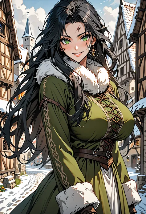 woman, Alone, Long Hair, Wild Hair, Black Hair, Nose injury, green eyes, Muscular:1.3, :1.4, Large scale, giant, Mischievous Smile, warm, Huge breasts, village head, tall woman, Medieval, Small Town, winter, Fur lining, Clothes that fit the body, Fur linin...