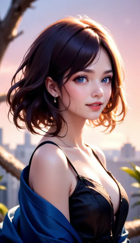 A cute girl blue eye short wavy hair brown hair and blond mix on the edge of the hair half shot, highly detailed, ultra quality, extremely detailed, 8k hdr32k, extremely detailed eye, extremely detailed face, extremely detailed hair, extremely detailed col...