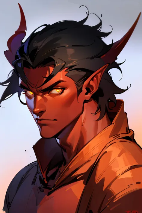 Red skin tiefling man, (extremely detailed CG unity 4k wallpaper),(masterpiece),(best quality),(ultra-detailed),(best illustration),(best shadow),(absurdres),Male, demon, Glowing yellow eyes, Muscular, Handsome, Short black hair, dnd style portrait,