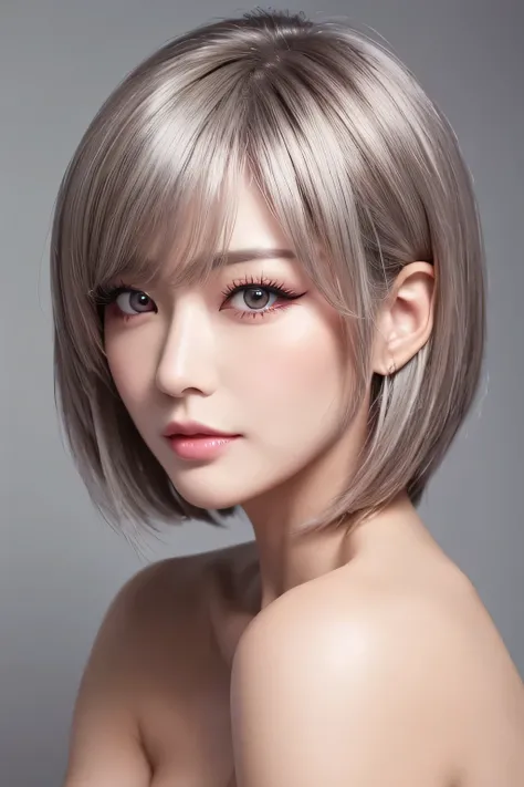 (NSFW:1.1)、Photorealistic、(Perfect Anatomy)One woman, age 48、The hairstyle is a mullet haircut、With false eyelashes、Silver Contact Lenses、Applying blush to one&#39;s cheeks