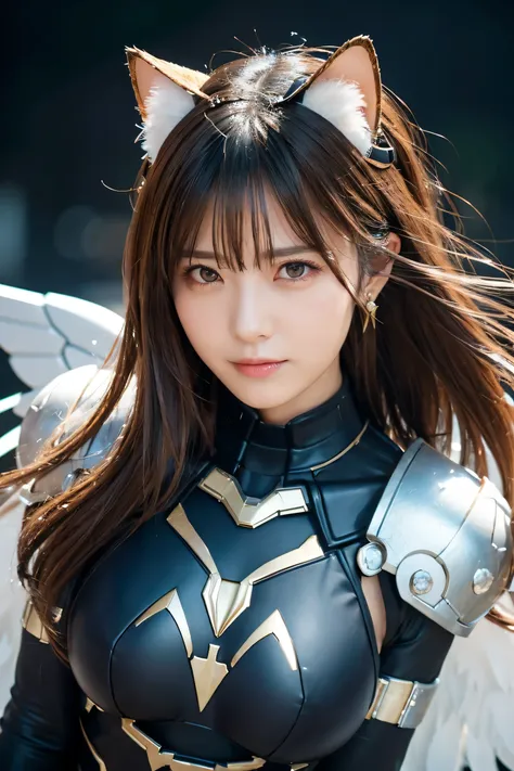 Best Quality, masterpiece, Ultra-high resolution, (reality: 1.4), Original photo, 1 female, Mature, A faint smile, very long Hair, Plump body, Cinema Lighting, From below, Kamen Rider Nago、Open chest armor、Top-down bottom-up、dorsal position、8k、cool、superhe...