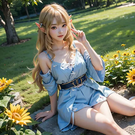 japanese blonde long hair wavy in the end,, bow, short pants,((korean elf adult woman years old)),, wearing dress, bigger pupil, ((flat chest)), (beautiful bang), ((highlight cheerful expression)), at flower garden, masterpiece of the highest quality, Supe...