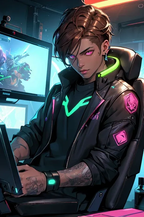 a boy in a gaming room playing games on his phone and as pink eyes and brown hair with a bad boy clothes and ear rings hot brown skin , detailed realistic portrait, detailed face, detailed eyes, detailed skin, detailed hair, beautiful detailed eyes, beauti...